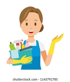 A woman wearing a blue apron and rubber gloves has several cleaning tools. And she is informative.