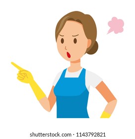 A woman wearing a blue apron and rubber gloves is angrily pointing to a finger