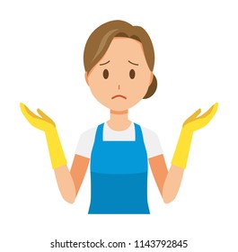 A woman wearing a blue apron and rubber gloves is shrugging her shoulders