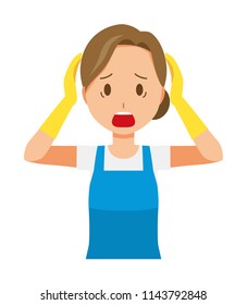 A woman wearing a blue apron and rubber gloves is panicking