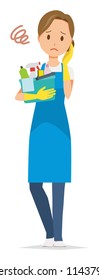 A woman wearing a blue apron and rubber gloves has several cleaning tools. And she is in trouble