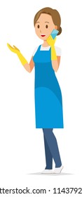 A woman wearing a blue apron and rubber gloves is calling by smart phone