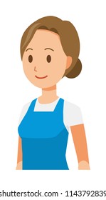 A woman wearing a blue apron is walking