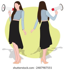 woman wearing a blue dress - using a megaphone vector