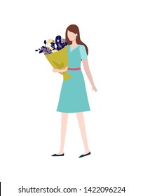 Woman wearing blue dress walking vector, elegant lady holding bouquet of flowers and leaves wrapped in paper. Female with present on special occasion