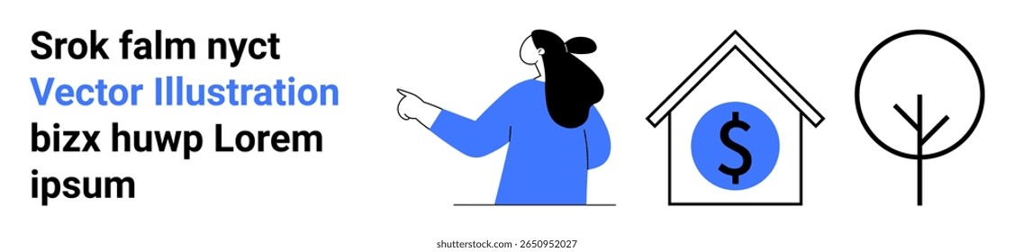 Woman wearing blue pointing towards house with dollar sign and simple tree illustration. Ideal for finance, real estate, savings, investment, financial planning, eco-friendly housing, educational