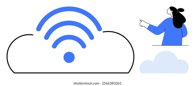 Woman wearing blue points at cloud storage symbol featuring a wireless connection. Ideal for digital storage, cloud computing, wireless technology, innovation, modern communication. Cartoon style