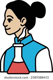A woman wearing a blue vest and a white shirt holding a beaker. The woman is smiling and she is happy