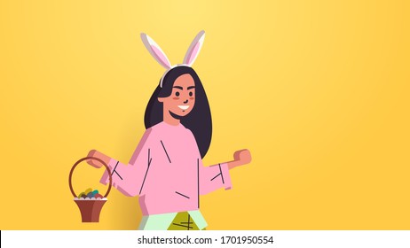 woman wearing bunny ears cute girl holding basket with eggs celebrating happy easter holiday horizontal portrait vector illustration