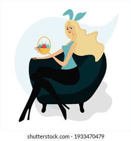 Woman wearing bunny ears. A cute girl sits in a comfortable armchair, holds a basket of eggs, celebrates Easter. Horizontal portrait. Vector illustration.