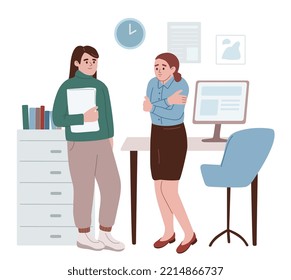 Mujer con ropa de negocios congelándose en la oficina sin calefacción.  Mujer feliz con ropa de abrigo informal en el trabajo. Me siento frío en el trabajo. Crisis energética. Economía del gas. Web. Vector plano de dibujos animados