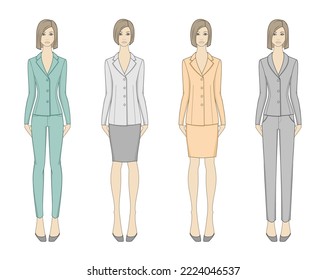 Woman wearing business wear. Classic suit jacket. skirt, trousers. Front technical drawing. Beautiful lady fashion sketch. Vector illustration.