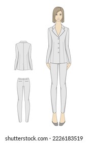 Woman wearing business wear. Classic suit jacket and trousers. Front and back technical drawing. Beautiful lady fashion sketch. Vector illustration.