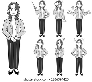 
A woman wearing a business woman's pose seven sets jacket