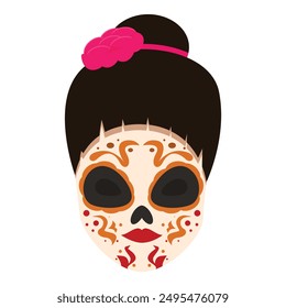 Woman wearing calavera makeup for day of the dead celebration posing on white background