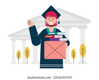 Woman wearing cap and gown at graduation carrying books and box in front of university building. Character design. Vector flat illustration