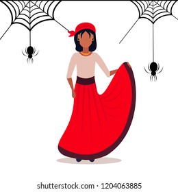 woman wearing carnival pirate dress spider web background happy halloween concept female cartoon character full length flat vector illustration