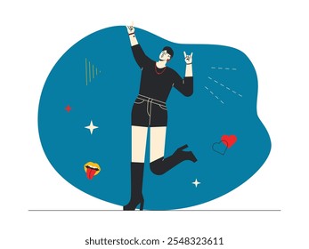 Mujer con ropa casual, camiseta negra, pantalones cortos y botas altas con pelo corto, sombrero y joyas, alegría y libertad, sus manos formando un signo de paz, Ilustración vectorial de rock n' roll.