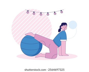 Woman wearing casual clothes at home doing yoga using balloons, flexible body. Character design. Vector flat illustration