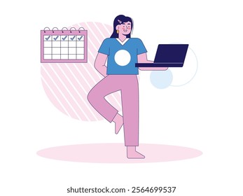 Woman wearing casual clothes at home preparing work schedule on laptop while doing yoga. Businesswoman. Character design. Vector flat illustration