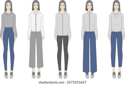 Woman wearing casual clothes. Hoodie and jean pants. Hooded jacket and denim trousers. Front technical drawing. Beautiful lady fashion sketch. Vector illustration.