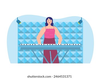 A woman wearing casual clothes is practicing the piano in her home studio. Character design. Vector flat illustration