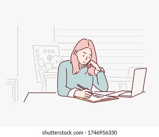 woman wearing casual clothes, she is sitting at the table in front of computer and checking information in her diary and on the internet. Hand drawn style vector 