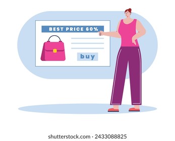 Mujer con ropa casual de compras para bolsas de comercio electrónico con descuento, entregada a su casa. Diseño de personajes. Ilustración plana del vector