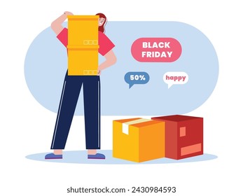 Woman wearing casual clothes smiling black friday shopping from e comerce has arrived home. Character design. Vector flat illustration