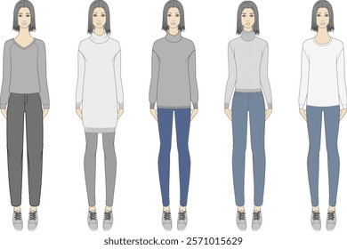 Woman wearing casual clothes. Sweater and jean pants. Knitted jumper and denim trousers. Front technical drawing. Beautiful lady fashion sketch. Vector illustration.