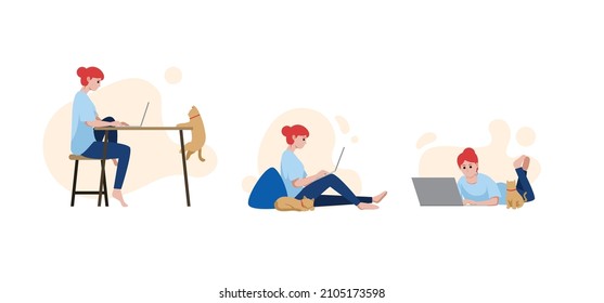 Mujer con ropa informal usando laptop en diferentes poses, ilustración vectorial