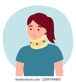 Woman wearing cervical collar in flat design. Neck brace concept vector illustration. svg