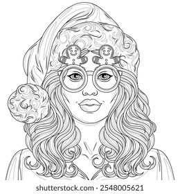 A woman wearing Christmas glasses and a Santa Claus hat.Coloring book antistress for children and adults.Hand draw
