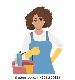 Woman wearing cleaning gloves and an apron, holding a bucket of cleaning supplies, ready for work. Flat vector Character Illustration