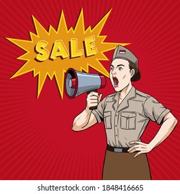 A woman wearing clothes and the attributes of an Indonesian national hero holding a megaphone and shouting sale