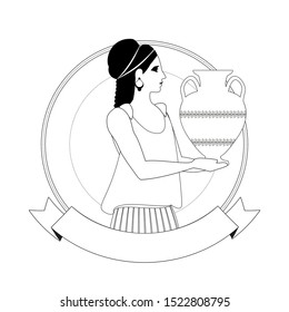 Woman wearing clothes and earrings in the style of ancient Greece carrying an amphora in an ornamental circle, isolated on white background.