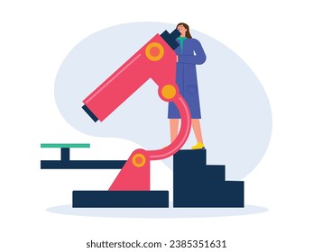 Woman wearing a coat looking at a large microscope doing research, science in the laboratory. Character design. Vector flat illustration