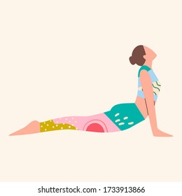 Woman wearing colorful clothes doing yoga. Female in bright sportswear working out. Health care. sport and lifestyle concept. Girl in top and leggings with abstract patterns. Flat vector illustration