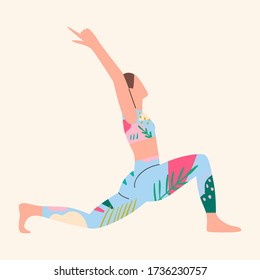 Woman wearing colorful clothes doing yoga. Female in bright sportswear working out. Health care. sport and lifestyle concept. Girl in top and leggins with abstract patterns. Flat vector illustration