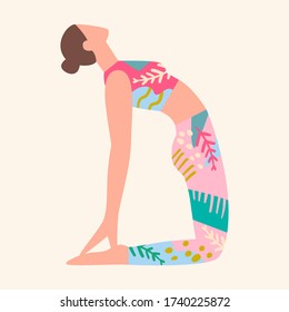 Woman wearing colorful clothes doing yoga. Female in bright sportswear working out. Health care. sport and lifestyle concept. Girl in top and leggins with abstract patterns. Flat vector illustration