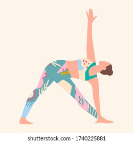 Woman wearing colorful clothes doing yoga. Female in bright sportswear working out. Health care. sport and lifestyle concept. Girl in top and leggins with abstract patterns. Flat vector illustration