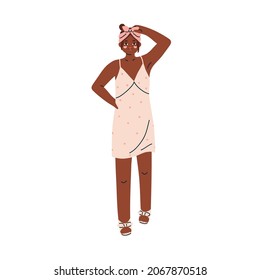 Woman wearing comfy nightgown, summer sleepwear. Female in fashion nightwear. Person in home clothes, nightdress, slippers and headband. Colored flat vector illustration isolated on white background