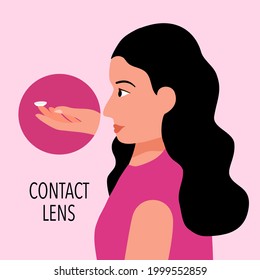 Woman wearing contact lens in eye concept vector illustration.