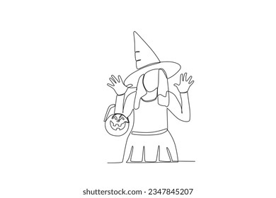 A woman wearing a costume and a pumpkin bag. Halloween one-line drawing