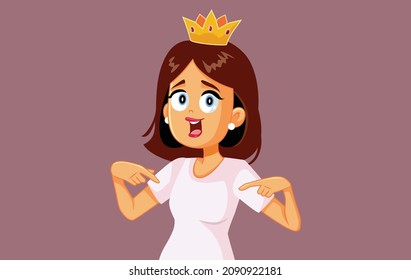 
Woman Wearing a Crown Pointing to Herself Vector Cartoon. Enthusiastic lady exhibits self-confidence and pride 
