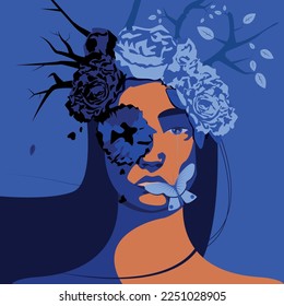 A woman wearing a crown of roses, some of which are blooming and others of which are decaying. a picture of healing and destroying, of youth and aging.