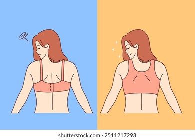 La mujer que usa diferentes tipos de sostenes compara la comodidad de la ropa interior, lo que tiene un efecto positivo o negativo en la postura. Chica se prueba en sujetadores o top, tratando de elegir la ropa adecuada para su propio look.