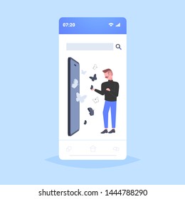 woman wearing digital glasses girl touching vr flying butterfly from smartphone screen headset vision virtual reality technology concept mobile app flat full length