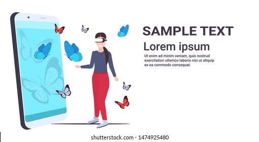 woman wearing digital glasses girl touching vr flying butterfly from smartphone screen headset vision virtual reality technology concept flat full length horizontal copy space