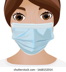 Woman wearing disposable medical face mask. Vector illustration.